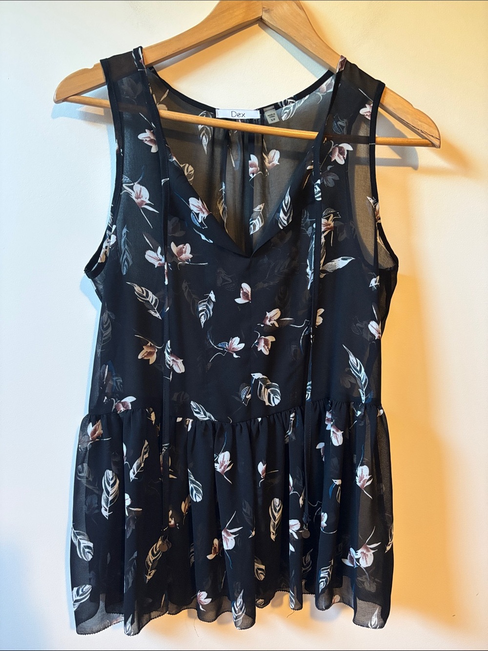 Dex Black Floral V-Neck Peplum sheer Blouse